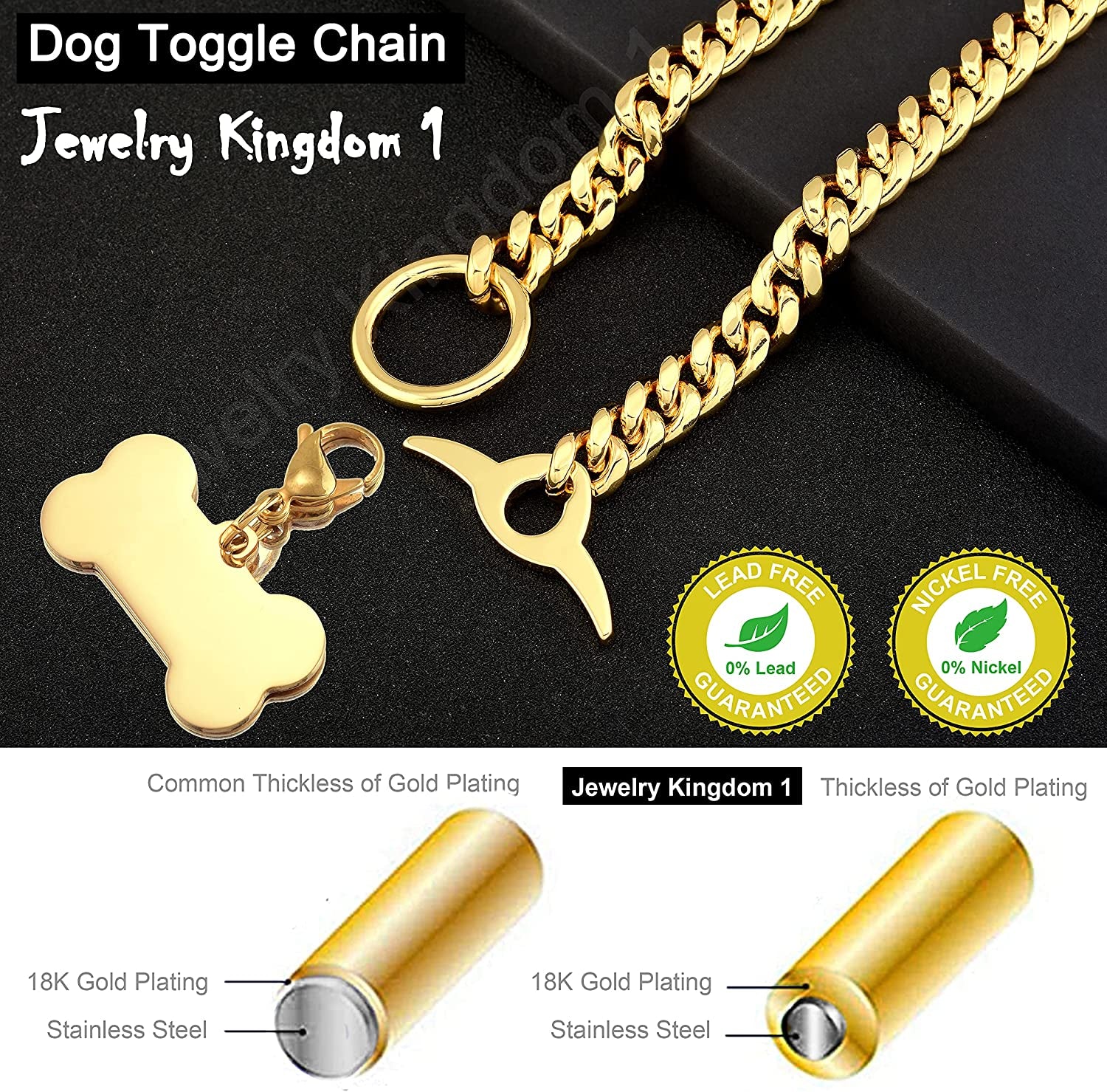 Dog Chain Collar 18K Cuban Link Chain 10MM Strong Heavy Duty Chew Proof Adjustable Training Walking Collar with Toggle Clasp and Dog Tag for Medium Dogs (10MM, 20")