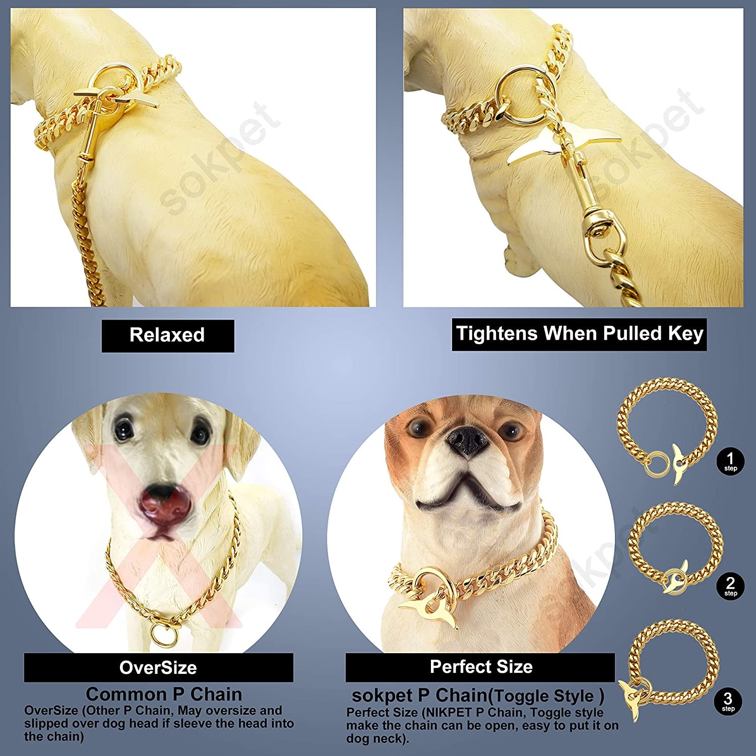 Dog Chain Collar 18K Cuban Link Chain 10MM Strong Heavy Duty Chew Proof Adjustable Training Walking Collar with Toggle Clasp and Dog Tag for Medium Dogs (10MM, 20")