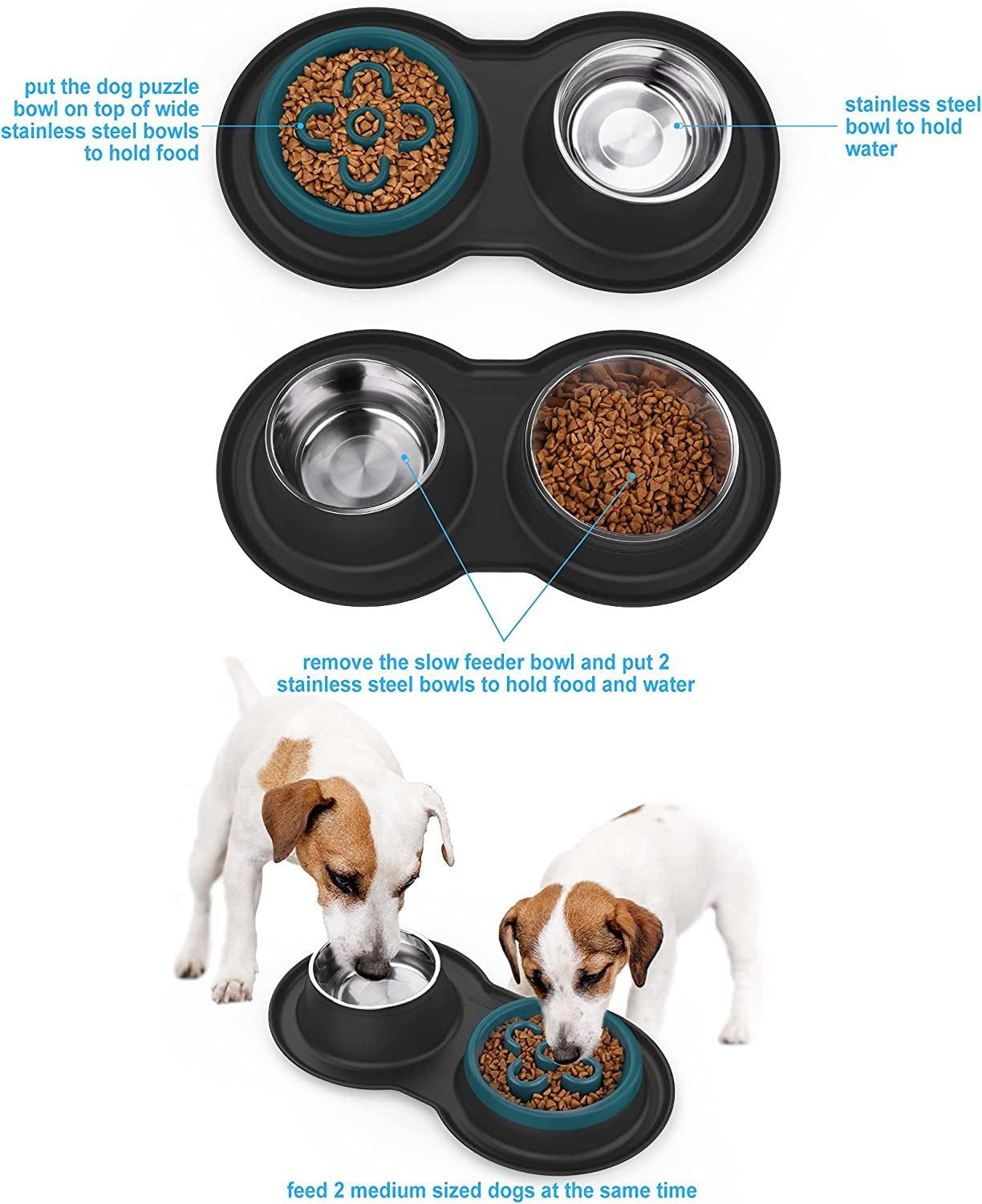 Slow Feeder Dog Bowls, 27Oz Stainless Steel 4-In-1 Food and Water Bowls with No-Spill Silicone Mat Bloat Stop Slow down Eating Puzzle Bowl for Medium Small Sized Dogs