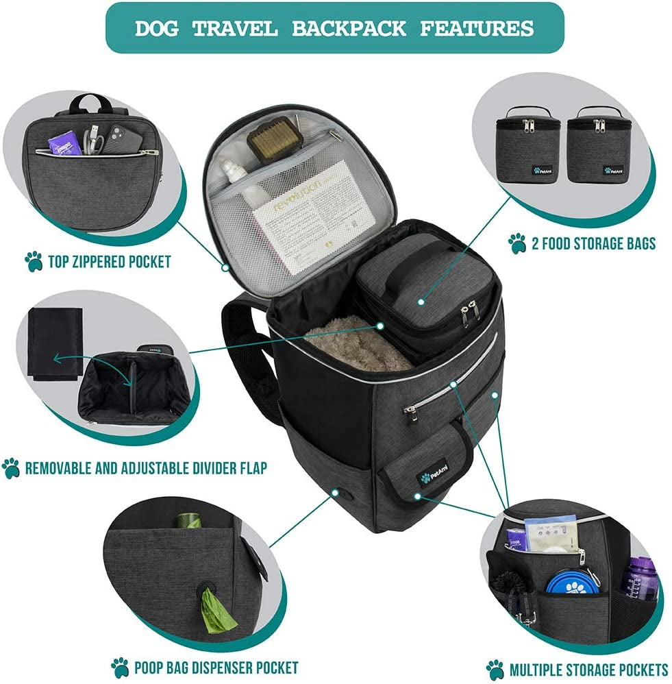 Dog Travel Bag Backpack | Backpack Organizer with Poop Bag Dispenser, Multi-Function Pocket, Food Container Bag, Collapsible Bowl | Weekend Pet Travel Set for Hiking Overnight Camping Road Trip