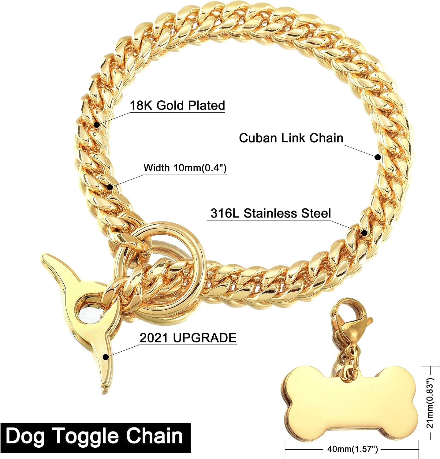 Dog Chain Collar 18K Cuban Link Chain 10MM Strong Heavy Duty Chew Proof Adjustable Training Walking Collar with Toggle Clasp and Dog Tag for Medium Dogs (10MM, 20")