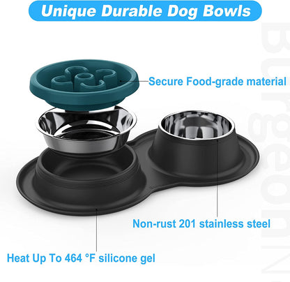 Slow Feeder Dog Bowls, 27Oz Stainless Steel 4-In-1 Food and Water Bowls with No-Spill Silicone Mat Bloat Stop Slow down Eating Puzzle Bowl for Medium Small Sized Dogs