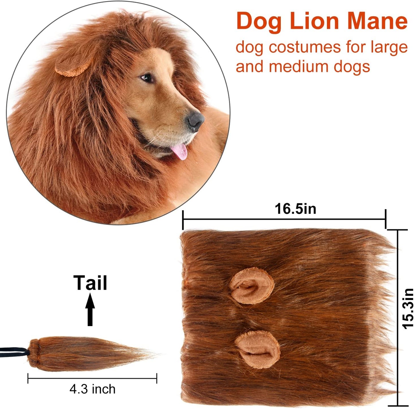 Lion Mane for Dog Costumes, Realistic Wig for Medium to Large Sized Dogs (Dark Brown)