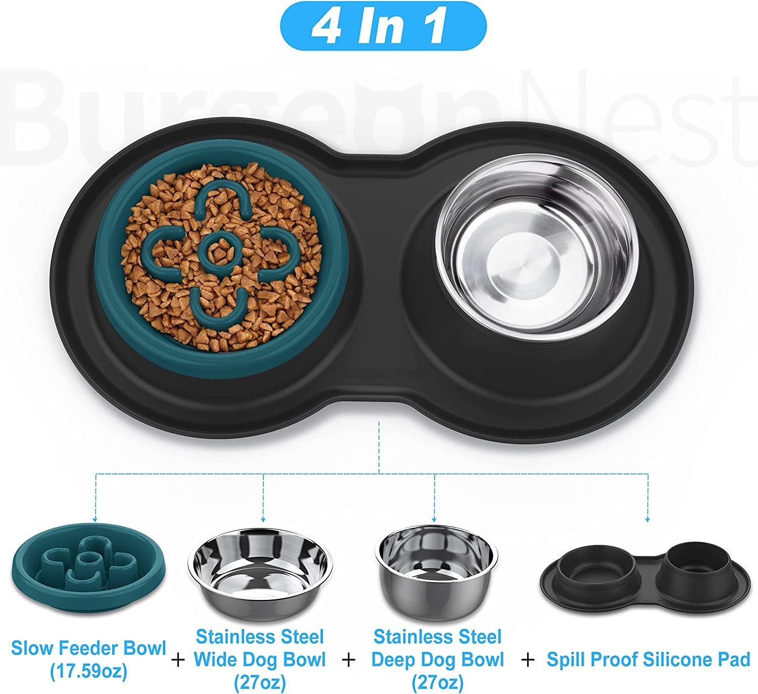 Slow Feeder Dog Bowls, 27Oz Stainless Steel 4-In-1 Food and Water Bowls with No-Spill Silicone Mat Bloat Stop Slow down Eating Puzzle Bowl for Medium Small Sized Dogs